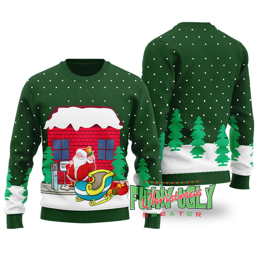Santa Charging Station Funny Christmas Sweater Forest Green
