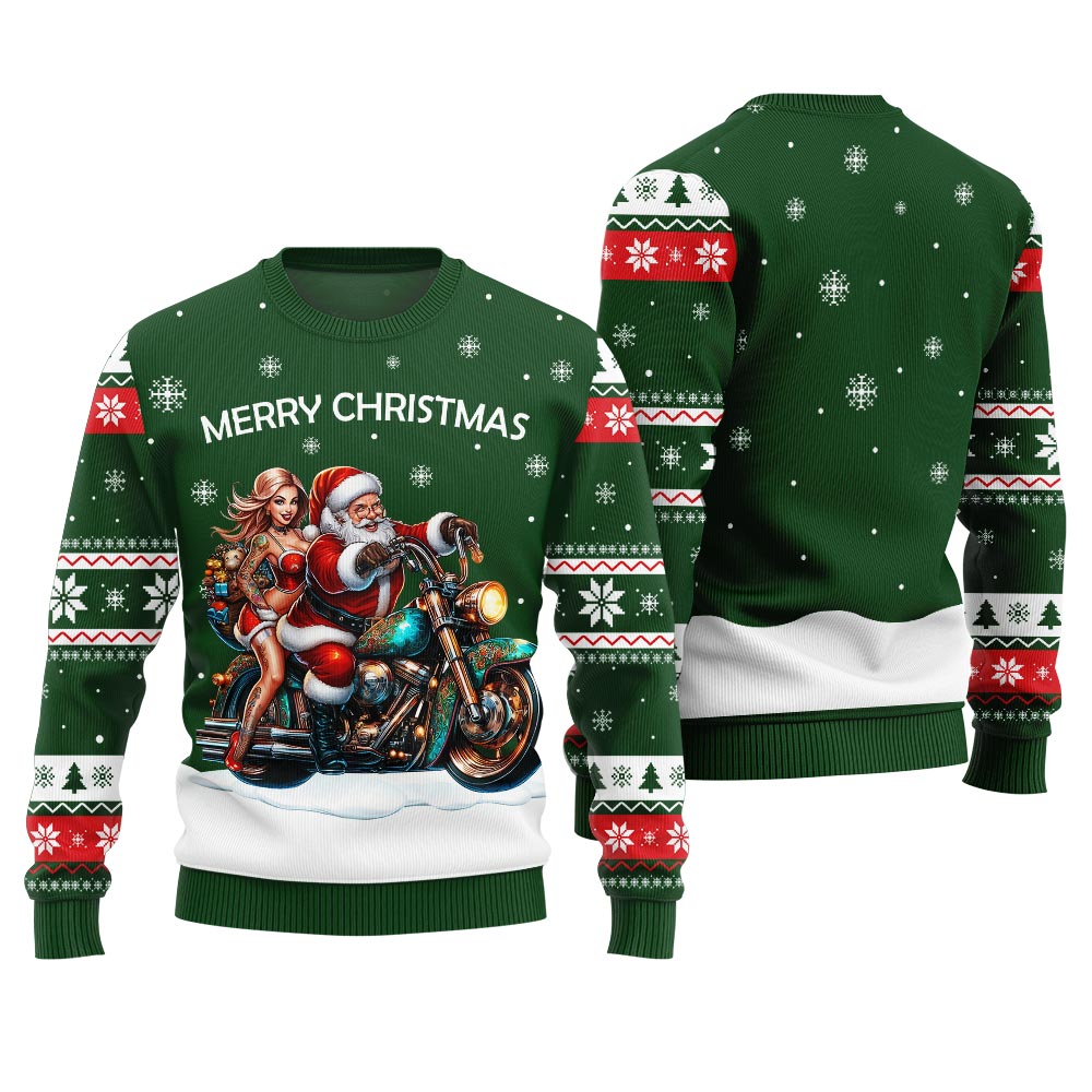 Santa Claus Riding Motorbike Ugly Christmas Sweater