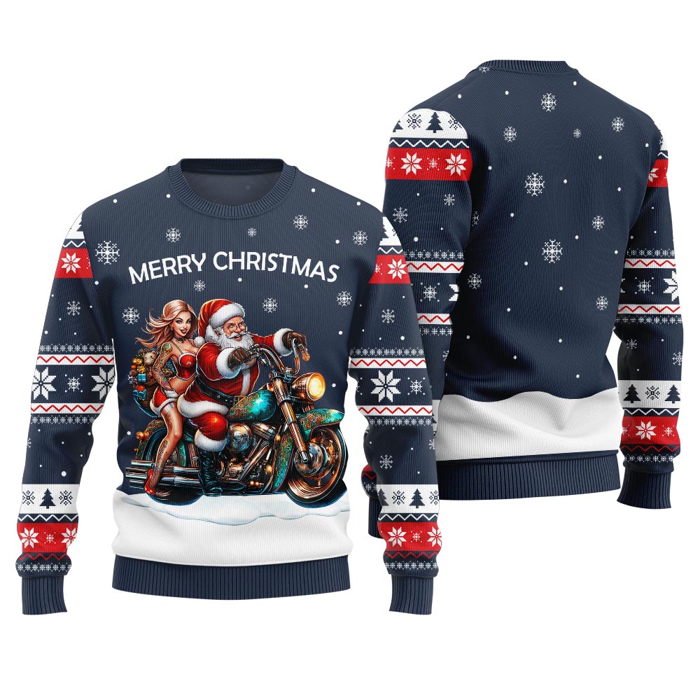 Santa Claus Riding Motorbike Ugly Christmas Sweater