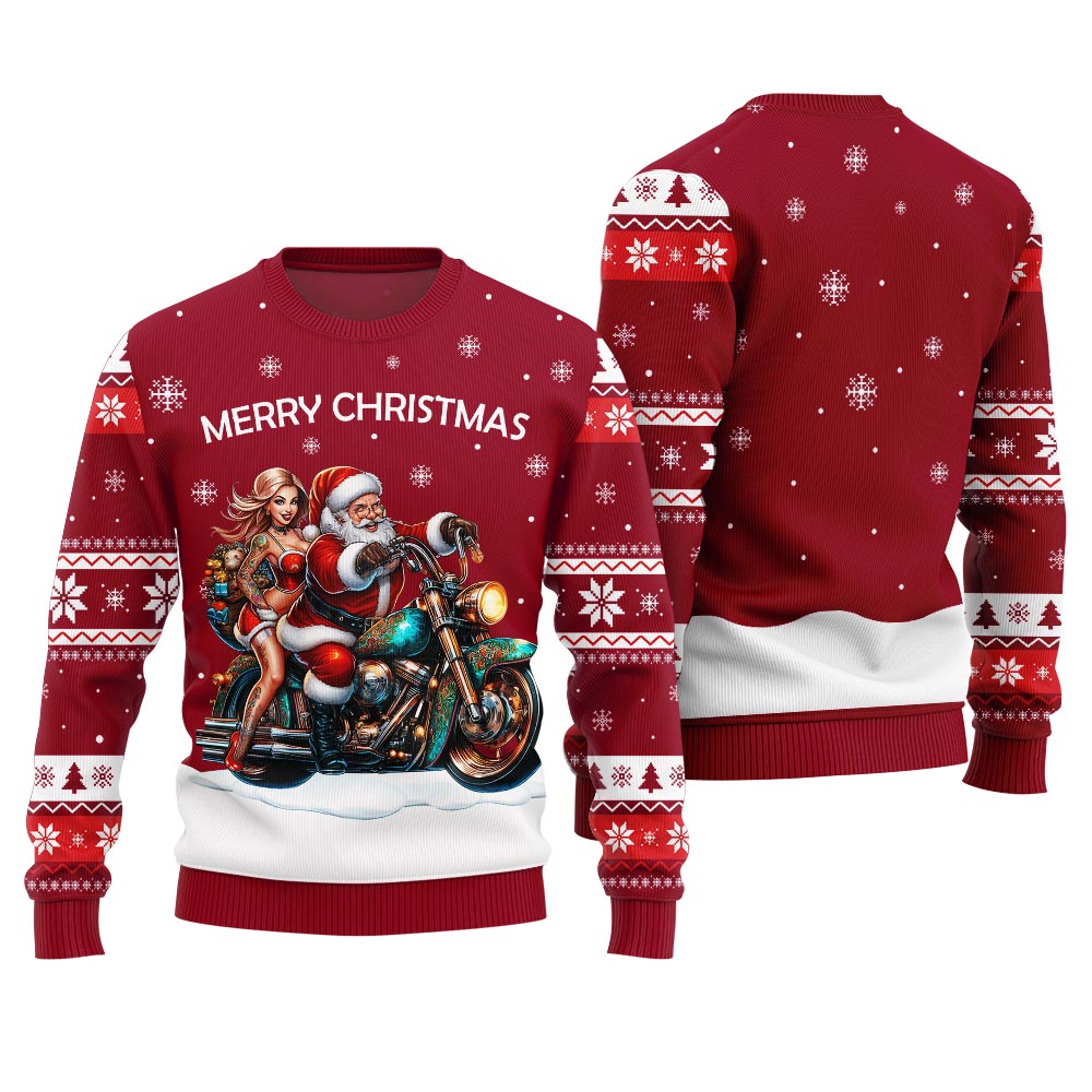 Santa Claus Riding Motorbike Ugly Christmas Sweater