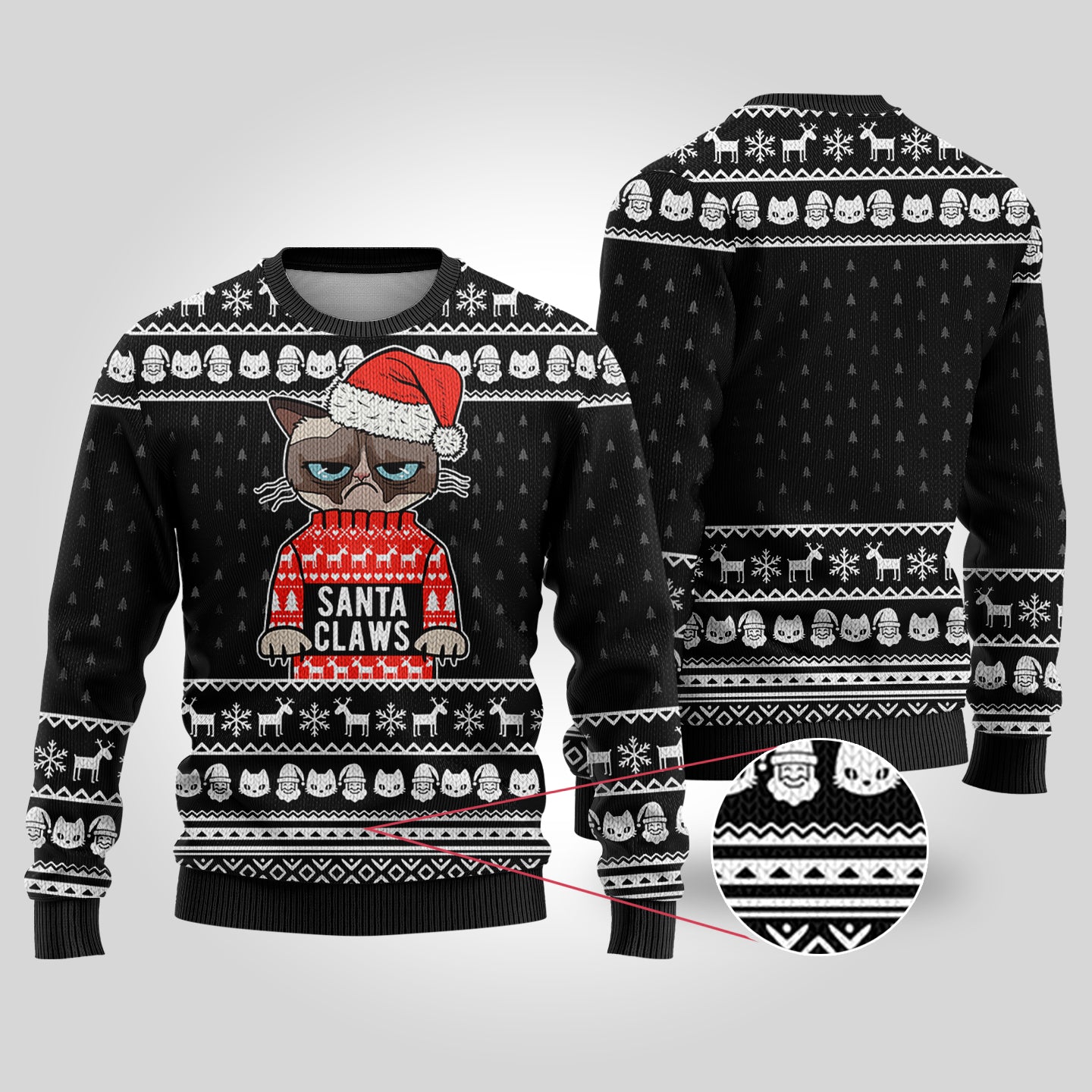 Santa Claws Cat Ugly Christmas Sweater Black