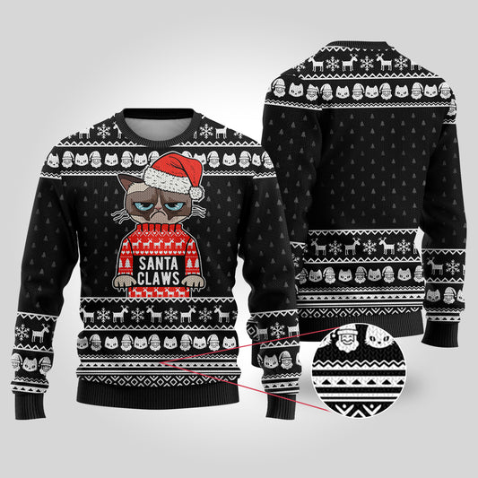 Santa Claws Cat Ugly Christmas Sweater Black