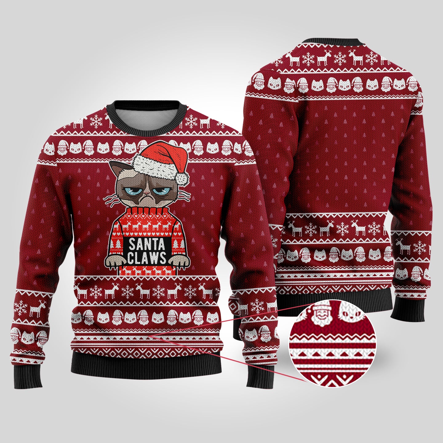 Santa Claws Cat Ugly Christmas Sweater Cardinal Red