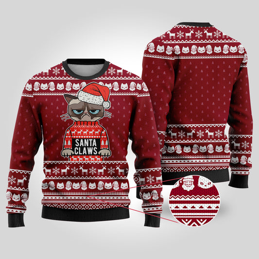 Santa Claws Cat Ugly Christmas Sweater Cardinal Red
