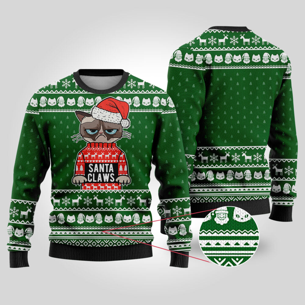 Santa Claws Cat Ugly Christmas Sweater Forest Green