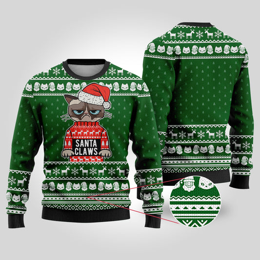 Santa Claws Cat Ugly Christmas Sweater Forest Green