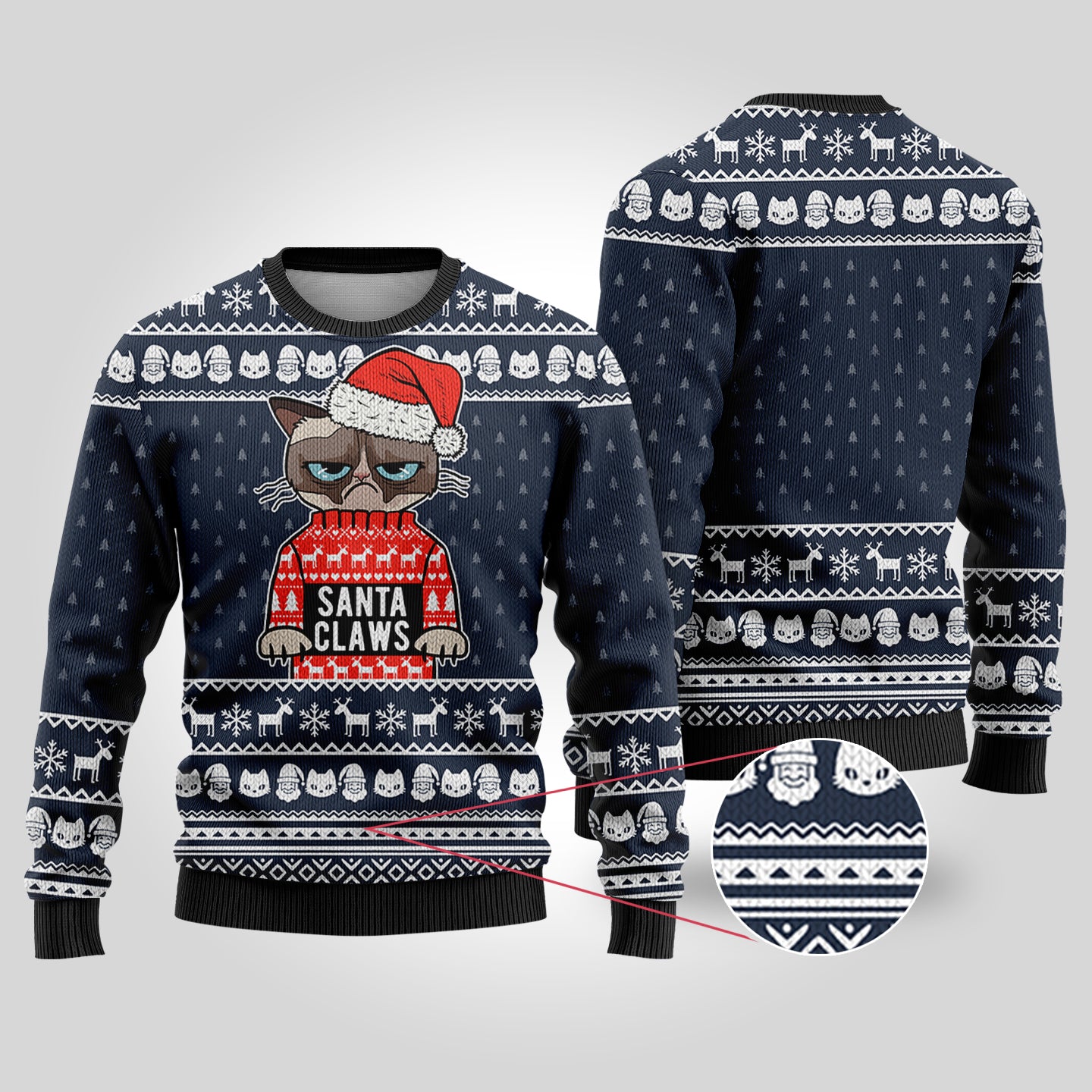 Santa Claws Cat Ugly Christmas Sweater Navy