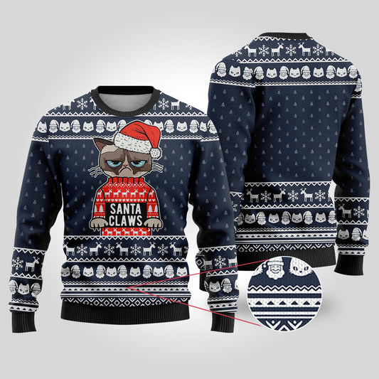 Santa Claws Cat Ugly Christmas Sweater Navy