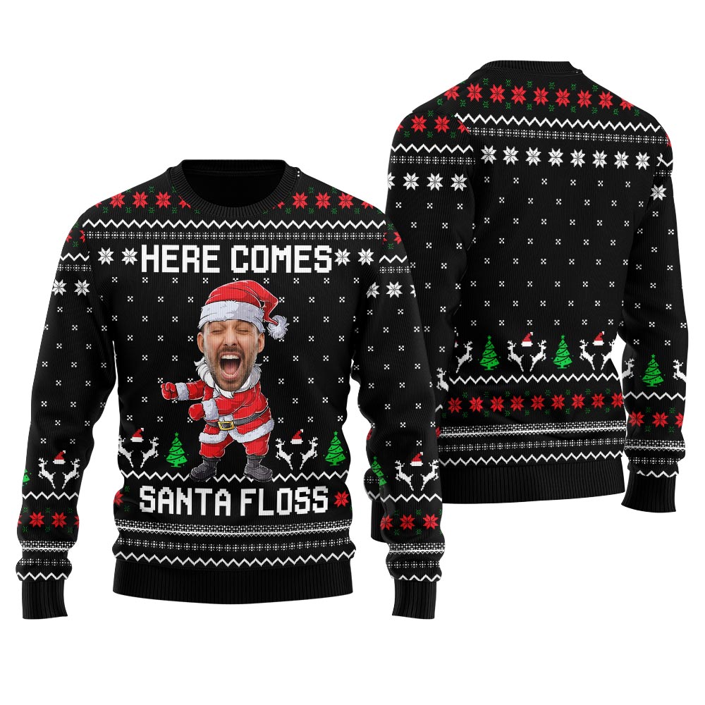 Here Comes Santa Floss Custom Face Men's Ugly Sweater
