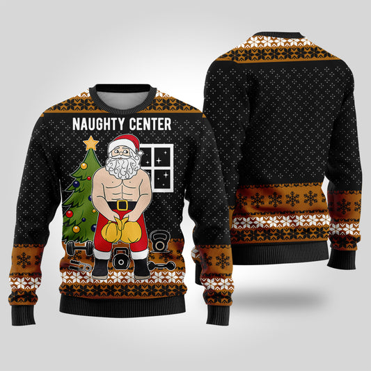 Santa Naughty Center Ugly Christmas Sweater Black