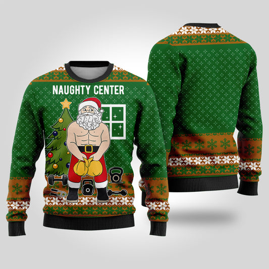 Santa Naughty Center Ugly Christmas Sweater Forest Green