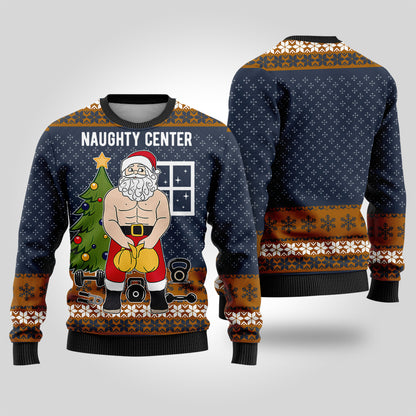 Santa Naughty Center Ugly Christmas Sweater Navy