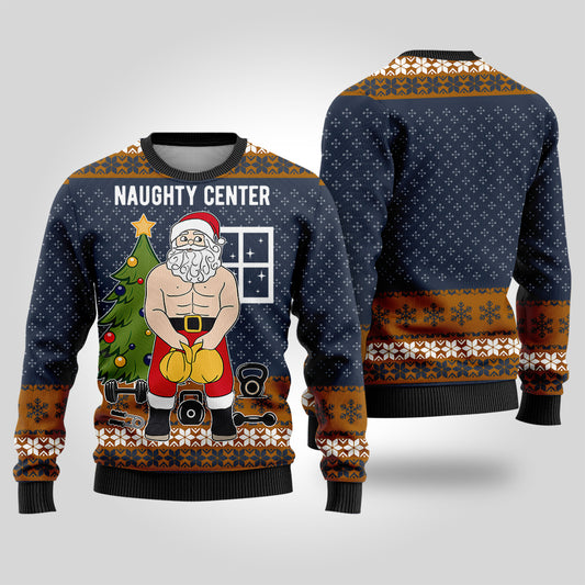 Santa Naughty Center Ugly Christmas Sweater Navy