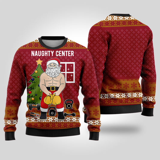 Santa Naughty Center Ugly Christmas Sweater Cardinal Red