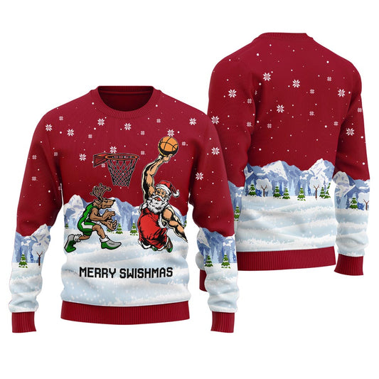 Santa Playing Basketball With Reindeer Men's Ugly Christmas Sweater