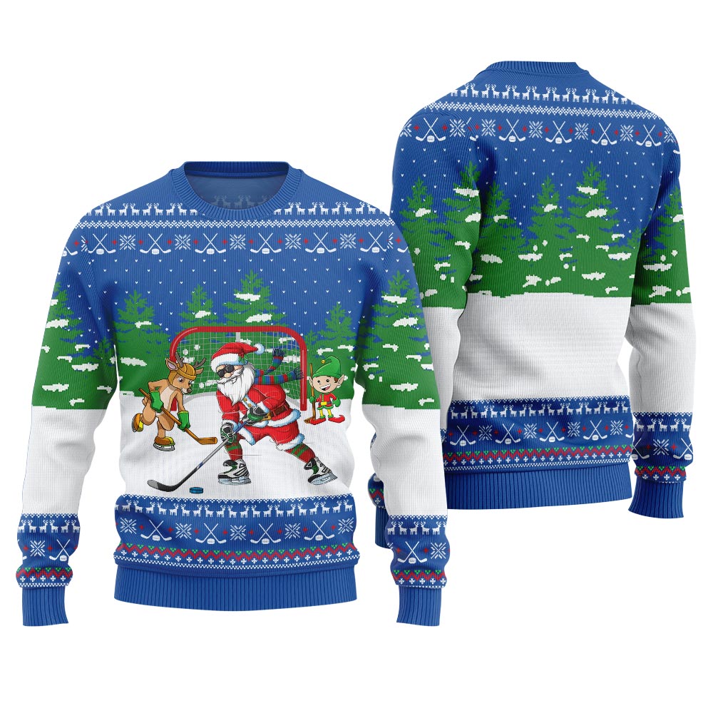 Santa Plays Hockey Ugly Christmas Sweater