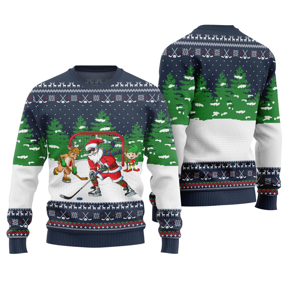 Santa Plays Hockey Ugly Christmas Sweater
