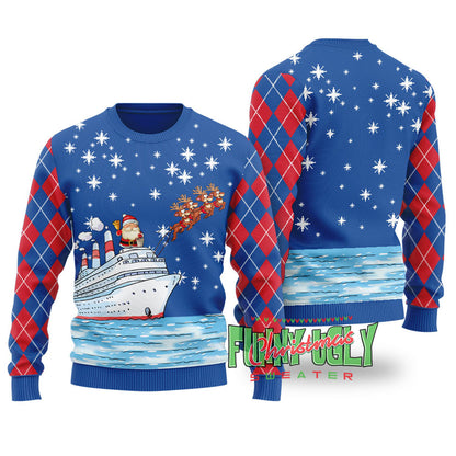 Santa Reindeer Ship Ugly Christmas Sweater Royal