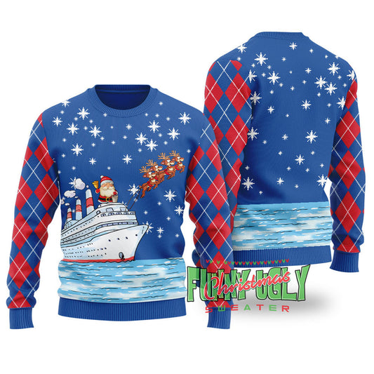 Santa Reindeer Ship Ugly Christmas Sweater Royal