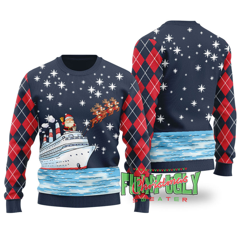 Santa Reindeer Ship Ugly Christmas Sweater Navy