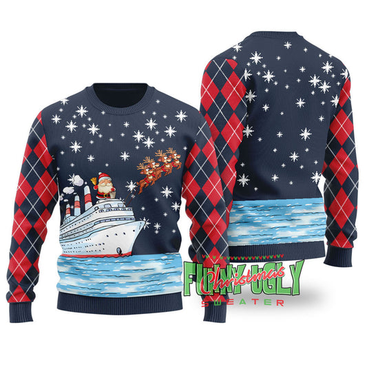 Santa Reindeer Ship Ugly Christmas Sweater Navy