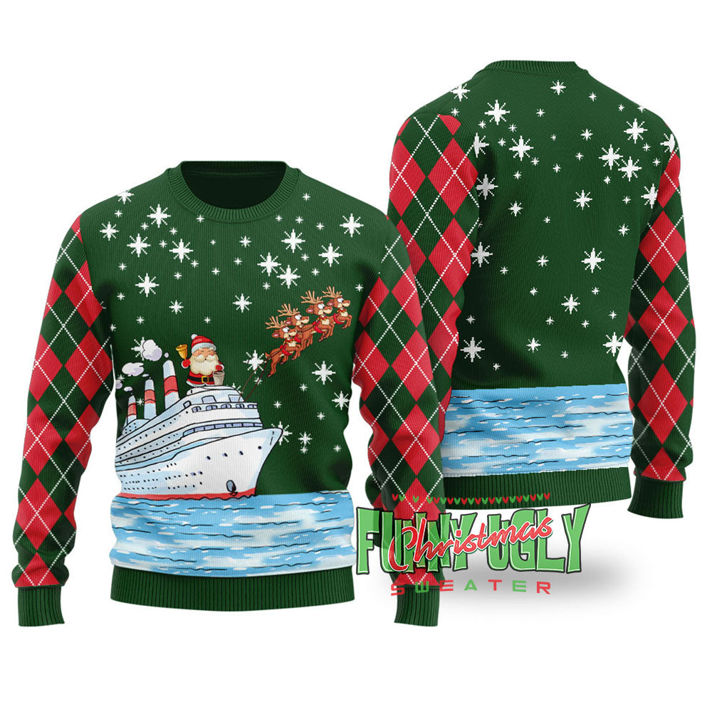 Santa Reindeer Ship Ugly Christmas Sweater Forest Green