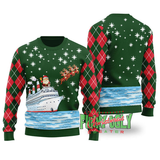 Santa Reindeer Ship Ugly Christmas Sweater Forest Green