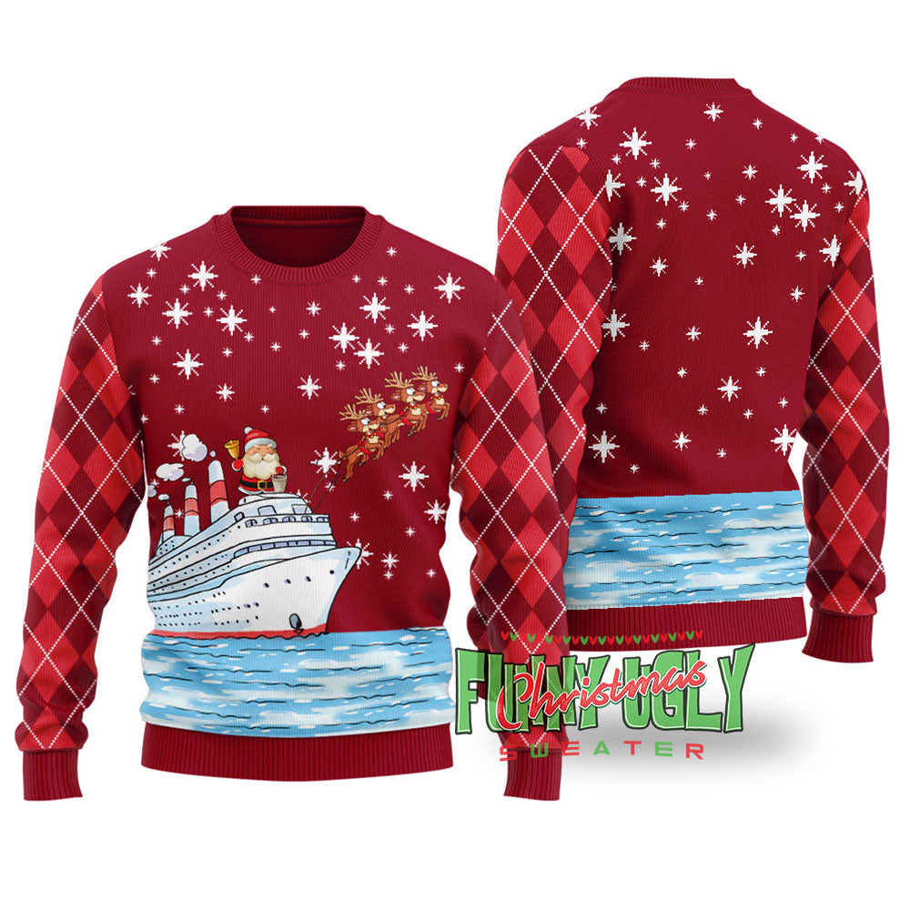 Santa Reindeer Ship Ugly Christmas Sweater Cardinal Red