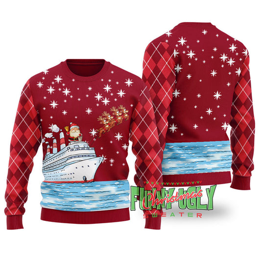 Santa Reindeer Ship Ugly Christmas Sweater Cardinal Red