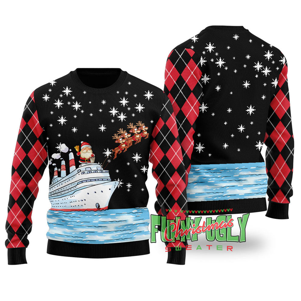 Santa Reindeer Ship Ugly Christmas Sweater Black