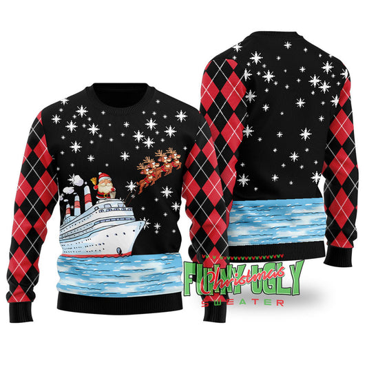 Santa Reindeer Ship Ugly Christmas Sweater Black