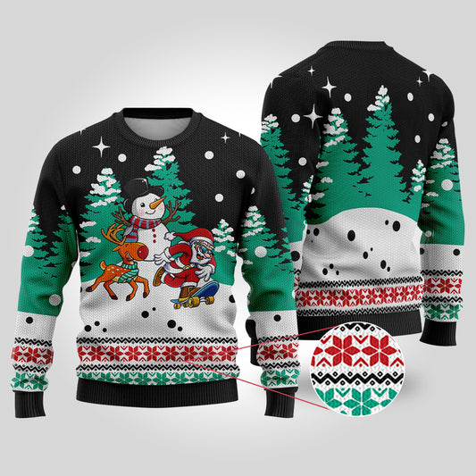 Santa Reindeer Snowman Ugly Christmas Sweater Black - Funny Ugly Christmas Sweater
