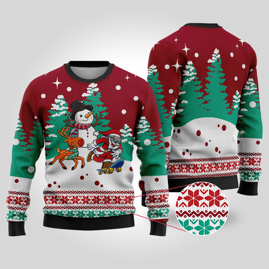 Santa Reindeer Snowman Ugly Christmas Sweater Cardinal Red - Funny Ugly Christmas Sweater