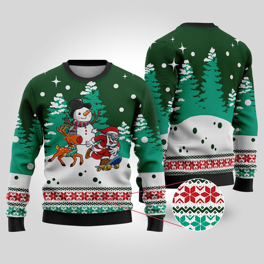 Santa Reindeer Snowman Ugly Christmas Sweater Forest Green - Funny Ugly Christmas Sweater
