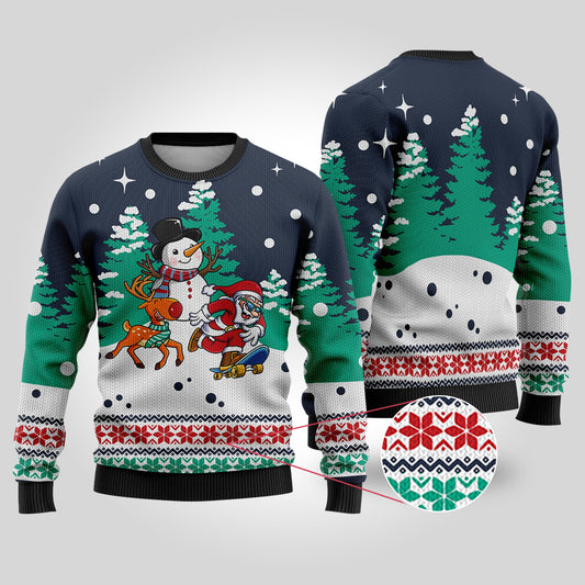 Santa Reindeer Snowman Ugly Christmas Sweater Navy - Funny Ugly Christmas Sweater
