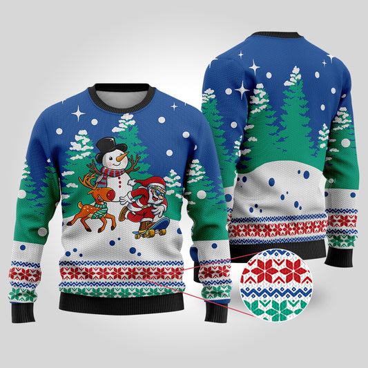Santa Reindeer Snowman Ugly Christmas Sweater Royal - Funny Ugly Christmas Sweater
