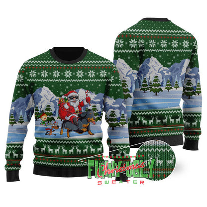 Santa Riding Dachshund Christmas Sweater Forest Green
