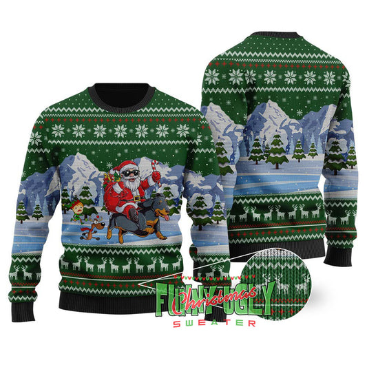 Santa Riding Dachshund Christmas Sweater Forest Green