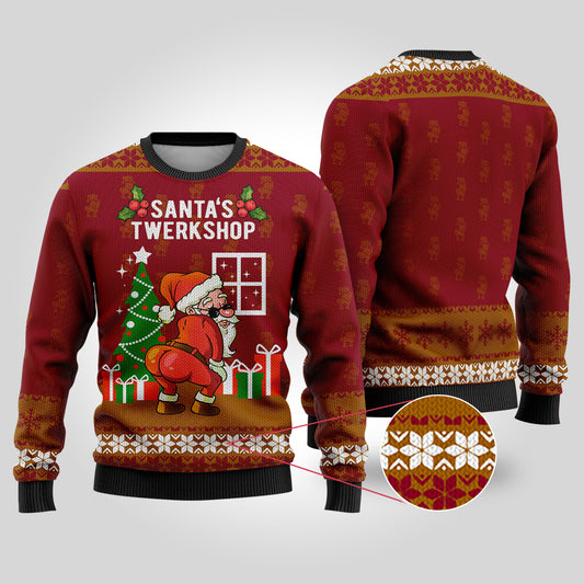 Santa's Twerkshop Ugly Christmas Sweater Cardinal Red - Funny Ugly Christmas Sweater