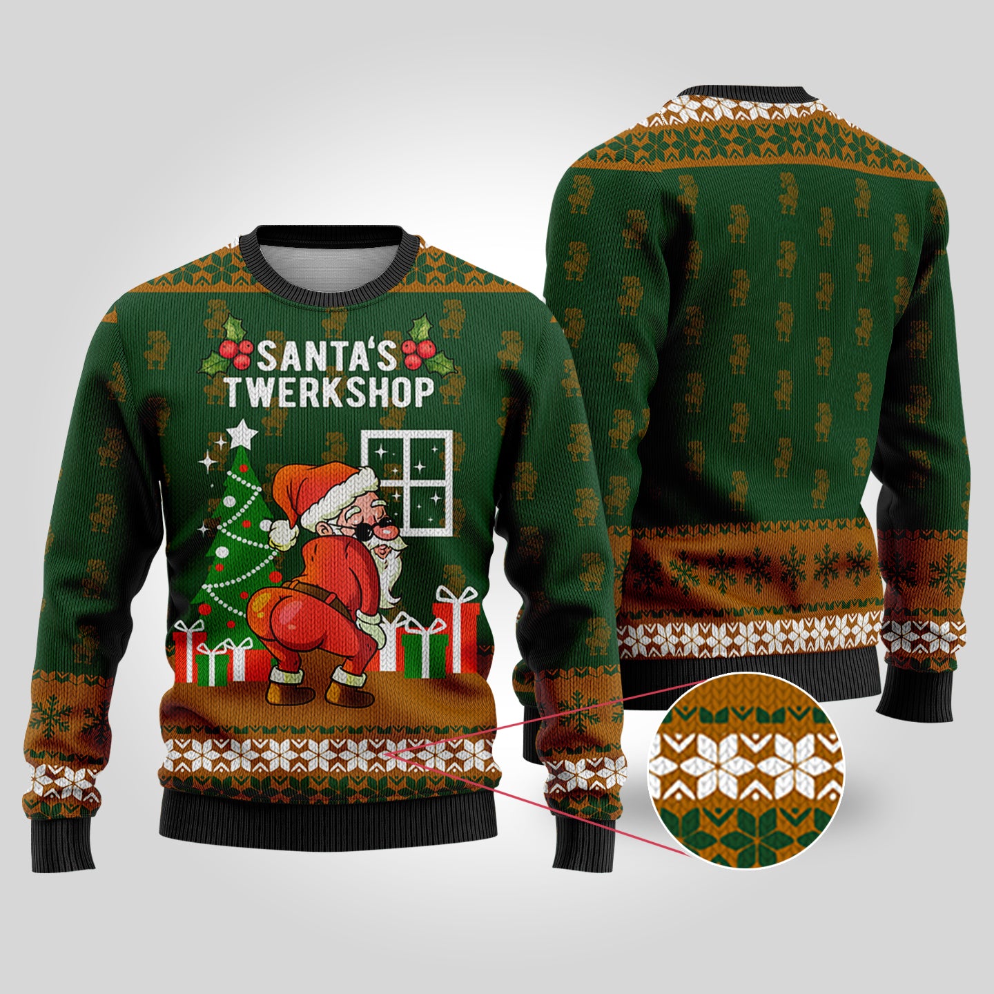 Santa's Twerkshop Ugly Christmas Sweater Forest Green - Funny Ugly Christmas Sweater