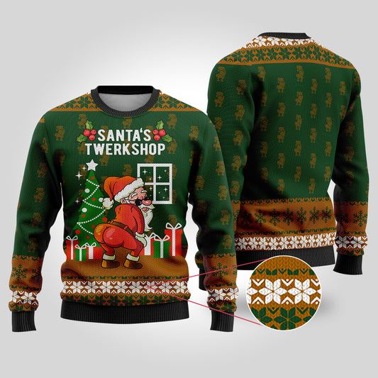 Santa's Twerkshop Ugly Christmas Sweater Forest Green - Funny Ugly Christmas Sweater