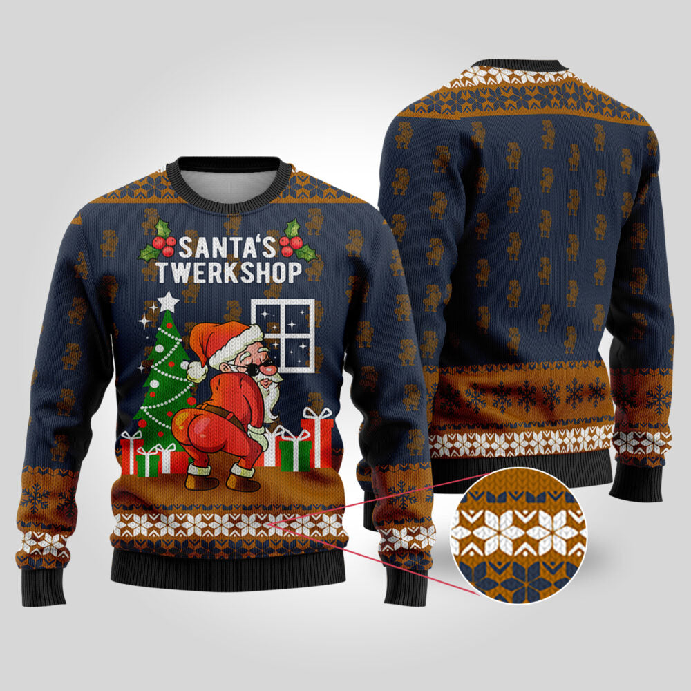 Santa's Twerkshop Ugly Christmas Sweater Navy - Funny Ugly Christmas Sweater
