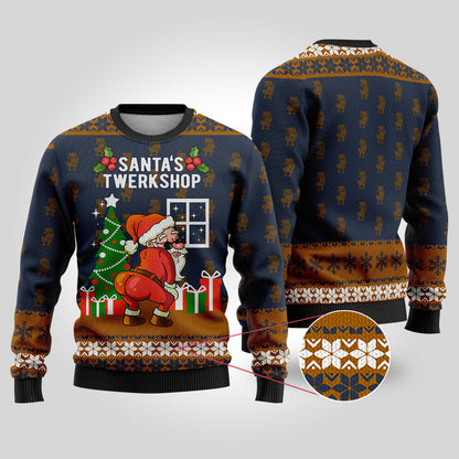 Santa's Twerkshop Ugly Christmas Sweater Navy - Funny Ugly Christmas Sweater