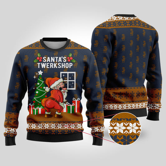 Santa's Twerkshop Ugly Christmas Sweater Navy - Funny Ugly Christmas Sweater