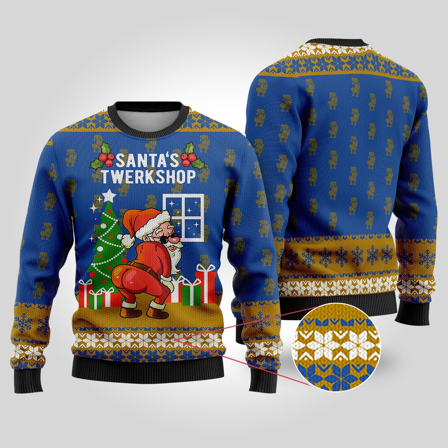 Santa's Twerkshop Ugly Christmas Sweater Royal - Funny Ugly Christmas Sweater