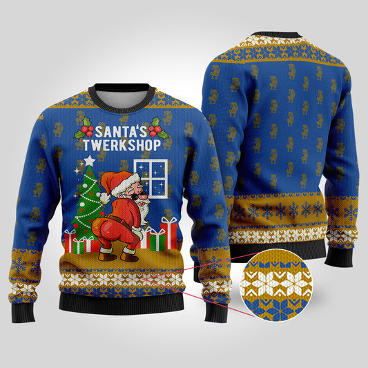 Santa's Twerkshop Ugly Christmas Sweater Royal - Funny Ugly Christmas Sweater