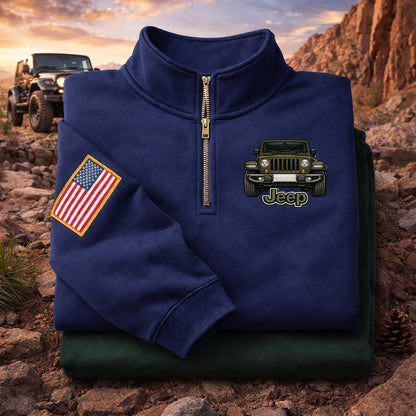 Sudadera prémium unisex Jeep bordada con cremallera de cuarto, suéter con cremallera de cuarto inspirado