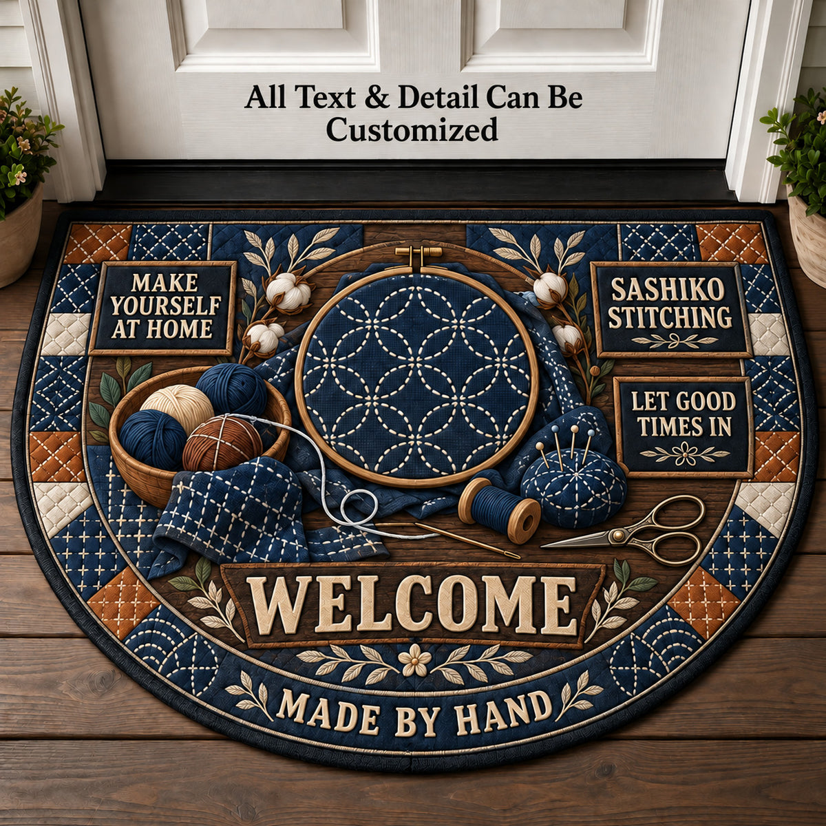 Sashiko Stitching Personalized Half Round Mat | 5To9Vibe