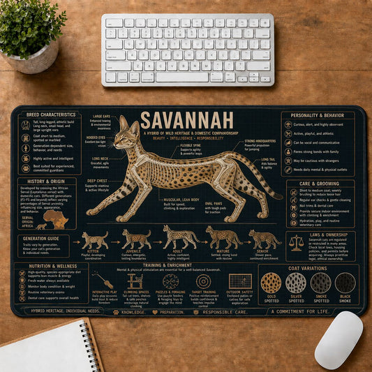 Savannah Cat Breed Desk Mat Anatomy Guide | 5To9Vibe
