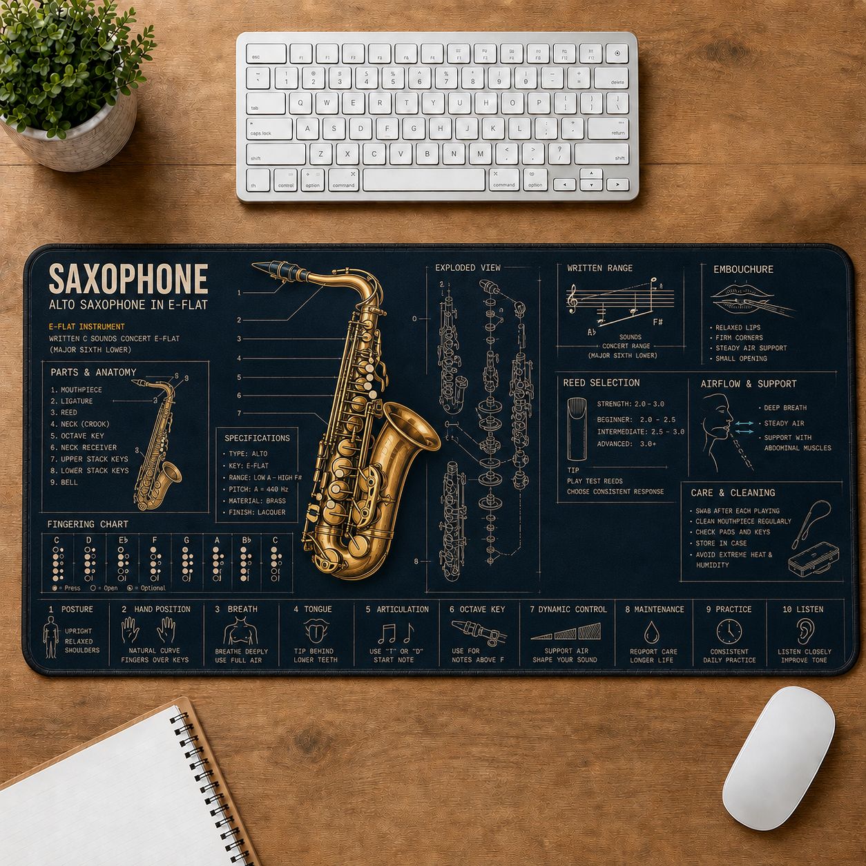 Saxophone Musical Instrument Blueprint Guide Desk Mat | 5To9Vibe